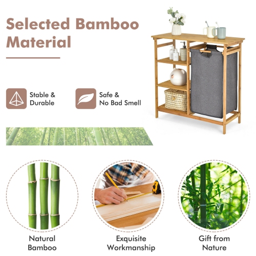 Gymax Laundry Hamper Basket Table Bamboo w/Storage Shelves and Sliding Bag