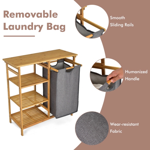 Gymax Laundry Hamper Basket Table Bamboo w/Storage Shelves and Sliding Bag
