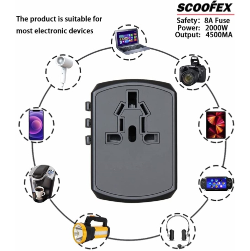 NIERBO Universal Travel Adapter, International Power Adapter Electric Outlet Converters Wall Charger AC Plug with 4 x 2.4A USB Ports, 4.5A USB for