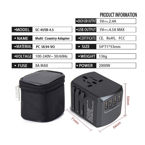NIERBO Universal Travel Adapter, International Power Adapter Electric Outlet Converters Wall Charger AC Plug with 4 x 2.4A USB Ports, 4.5A USB for