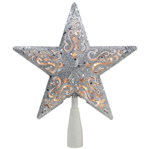 NORTHLIGHT  8.5" Glitter Star Lighted Cut Out Design Christmas Tree Topper - Clear Lights In Silver