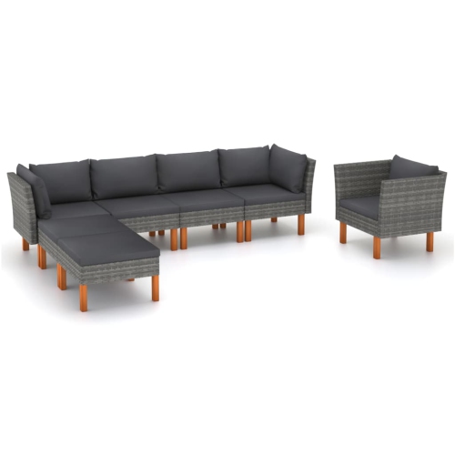 VIDAXL  7 Piece Patio Lounge Set Poly Rattan And Eucalyptus Wood In Gray