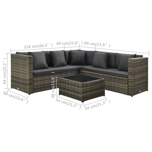 vidaXL 4 Piece Patio Lounge Set with Cushions Poly Rattan Gray