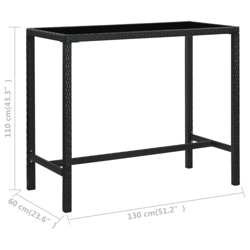 vidaXL Patio Bar Table Black 51.2"x23.6"x43.3" Poly Rattan and Glass