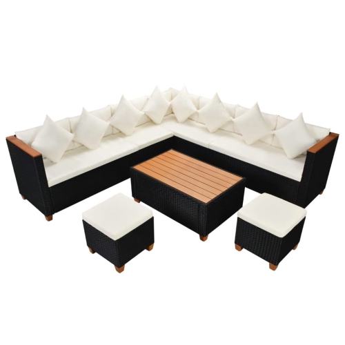 Ensemble de patio de 7 pièces VIDAXL avec coussins en poly rotin noir