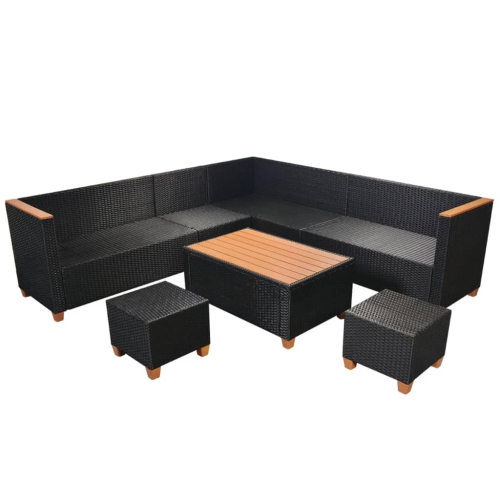 Ensemble de patio de 7 pièces VIDAXL avec coussins en poly rotin noir