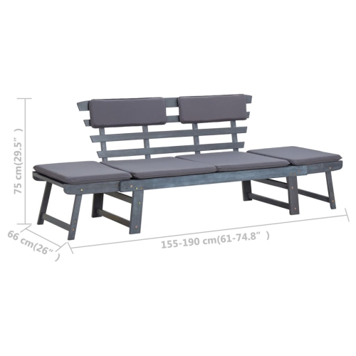 vidaXL Patio Bench with Cushions 2-in-1 74.8" Gray Solid Acacia Wood