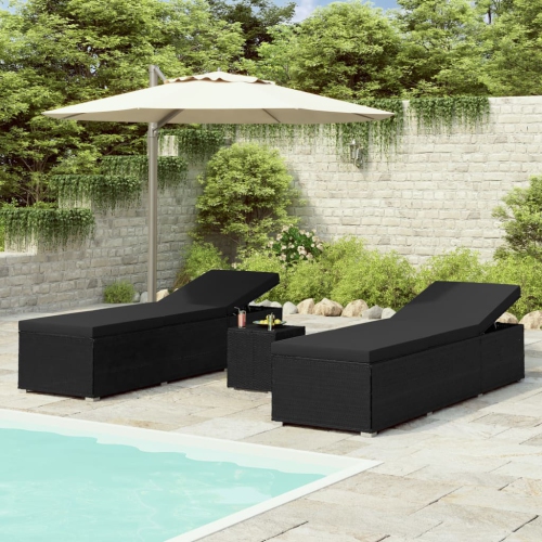 vidaXL 3 Piece Patio Sun Loungers with Tea Table Poly Rattan Black