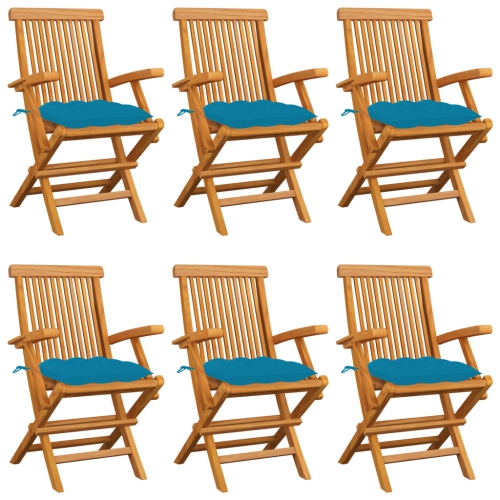 vidaXL Patio Chairs with Light Blue Cushions 6 pcs Solid Teak Wood