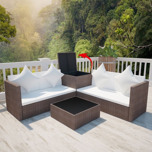 vidaXL 4 Piece Patio Lounge Set with Cushions Poly Rattan Brown