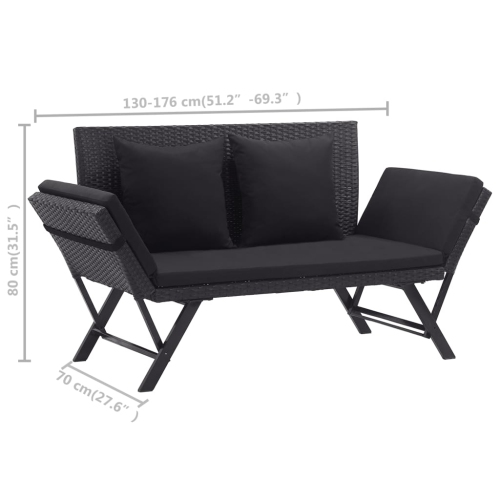vidaXL Patio Bench with Cushions 69.3" Black Poly Rattan