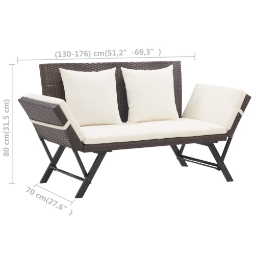 vidaXL Patio Bench with Cushions 69.3" Brown Poly Rattan