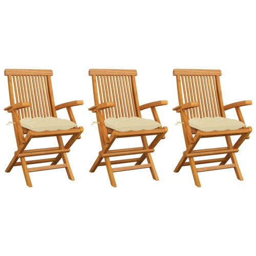 Chaises de patio VidaXL avec coussins blanc crème, 3 pièces, teck massif