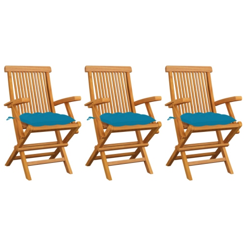 Chaises de patio VidaXL avec coussins bleu pâle 3 pièces en teck massif