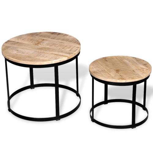 vidaXL Two Piece Coffee Table Set Rough Mango Wood Round 15.7"/19.7"