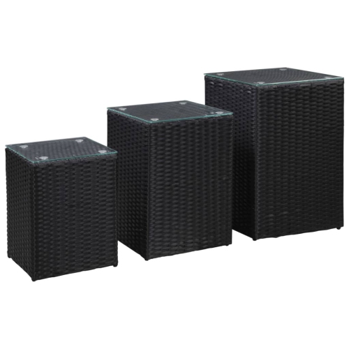 VIDAXL  Side Tables 3 PCs With Glass Top Poly Rattan In Black