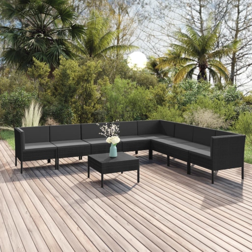 Ensemble de patio de 9 pièces VIDAXL avec coussins en poly rotin noir