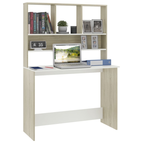 vidaXL Desk with Shelves White and Sonoma Oak 43.3"x17.7"x61.8" Chipboard