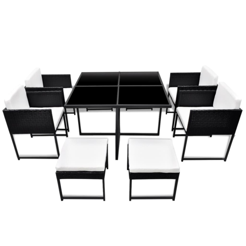 vidaXL 9 Piece Patio Dining Set with Cushions Poly Rattan Black
