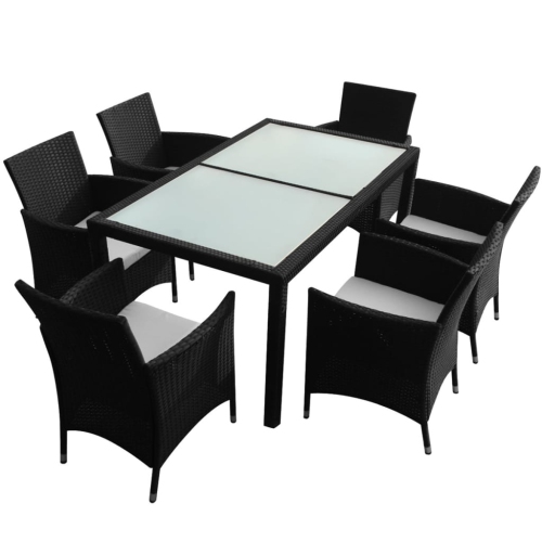 vidaXL 7 Piece Patio Dining Set with Cushions Poly Rattan Black