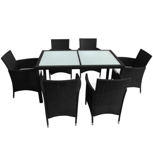vidaXL 7 Piece Patio Dining Set with Cushions Poly Rattan Black