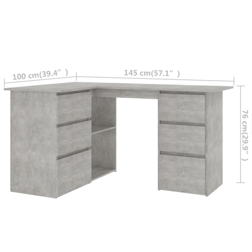 vidaXL Corner Desk Concrete Gray 57.1"x39.4"x29.9" Chipboard