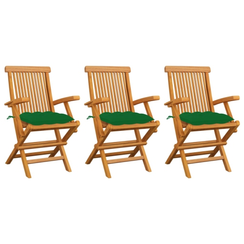 Chaises de patio VidaXL avec coussins verts 3 pièces en teck massif