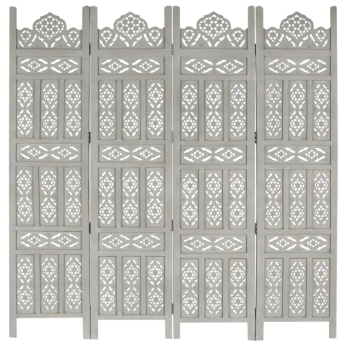 VIDAXL  Hand Carved 4-Panel Room Divider 63"x65" Solid Mango Wood In Gray