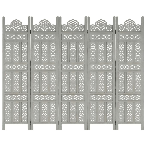 VIDAXL  Hand Carved 5-Panel Room Divider 78.7"x65" Solid Mango Wood In Gray