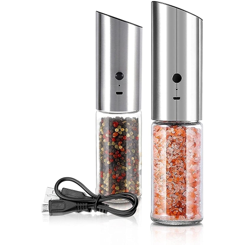 Automatic Salt / Pepper Grinder - Single Hand-Operated with Built-in Lithium Battery Durable Ceramic Burr Stepless Adjustable Grain Coarseness -
