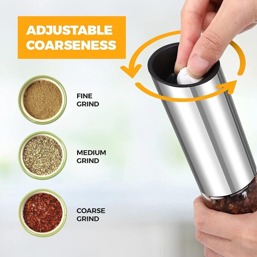 Automatic Salt / Pepper Grinder - Single Hand-Operated with Built-in Lithium Battery Durable Ceramic Burr Stepless Adjustable Grain Coarseness -