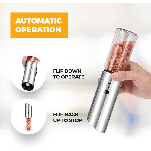 Automatic Salt / Pepper Grinder - Single Hand-Operated with Built-in Lithium Battery Durable Ceramic Burr Stepless Adjustable Grain Coarseness -