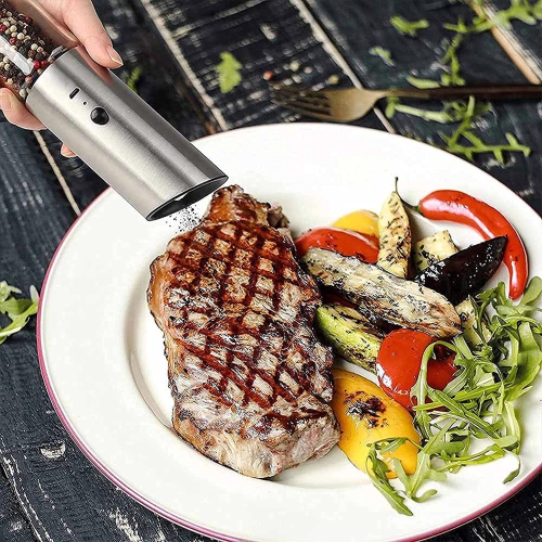 Automatic Salt / Pepper Grinder - Single Hand-Operated with Built-in Lithium Battery Durable Ceramic Burr Stepless Adjustable Grain Coarseness -