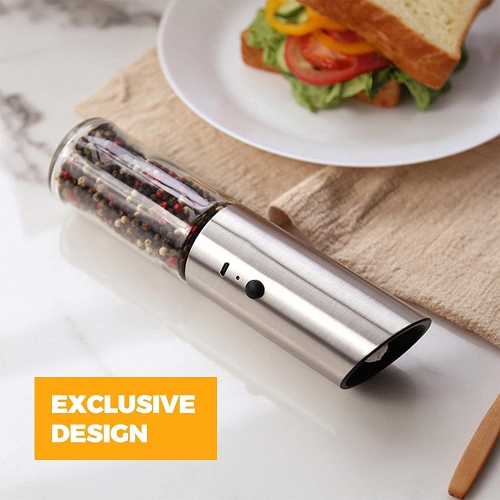 Automatic Salt / Pepper Grinder - Single Hand-Operated with Built-in Lithium Battery Durable Ceramic Burr Stepless Adjustable Grain Coarseness -