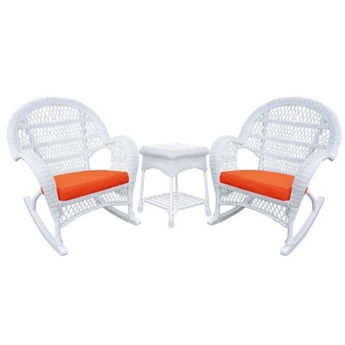 Jeco 3 Piece Wicker Conversation Set in White with Orange Cushions