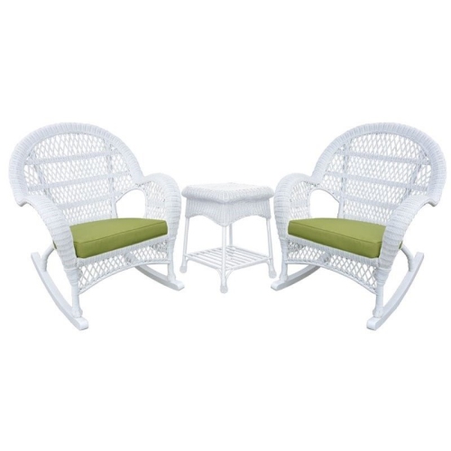 Jeco 3 Piece Wicker Conversation Set in White with Green Cushions