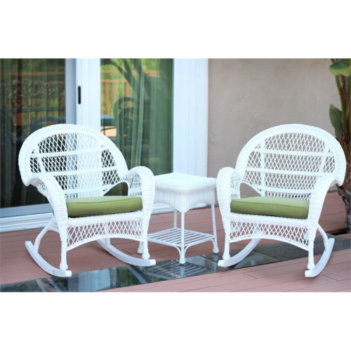 Jeco 3 Piece Wicker Conversation Set in White with Green Cushions