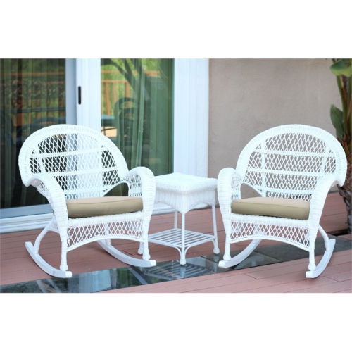 Jeco 3 Piece Wicker Conversation Set in White with Tan Cushions