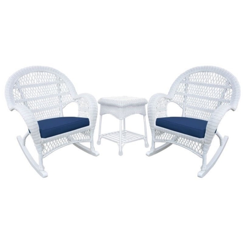 JECO INC.  Jeco 3 Piece Wicker Conversation Set In White With Cushions In Blue
