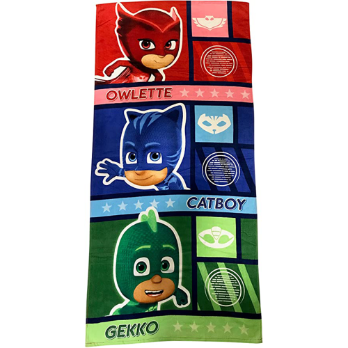 Image 1 of 1.. PJ Masks Catboy Owlette Gekko Kids Beach Towel - 28" x 58" Red Blue Green Little Superheroes Cotton Beach Towel