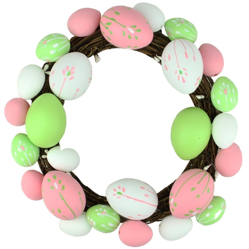 Floral Stem Easter Egg Spring Grapevine Wreath, Pink and Green 10-Inch