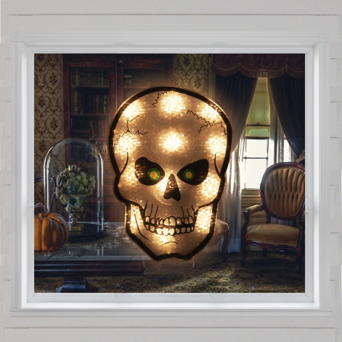 12" Lighted Holographic Halloween Skull Window Silhouette Decoration
