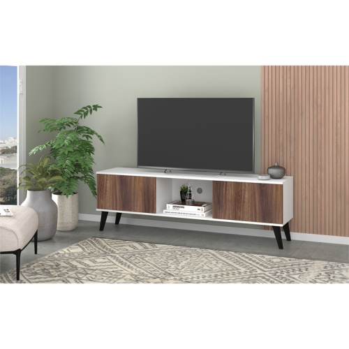 Doyers Wood 62" Mid Century Modern TV Stand in White & Nut Brown