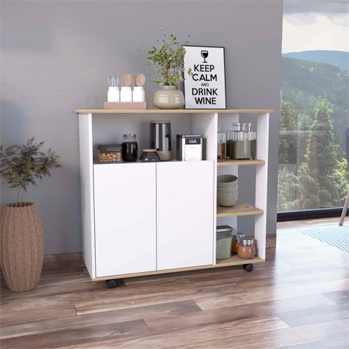 Atlin Designs Wood Kitchen Island with 4 Open Shelves in Light Oak/White