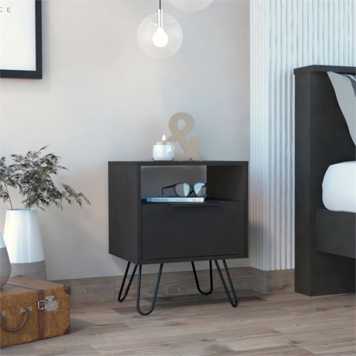 Atlin Designs Modern Metal Night Stand with Two Shelves in Light Oak