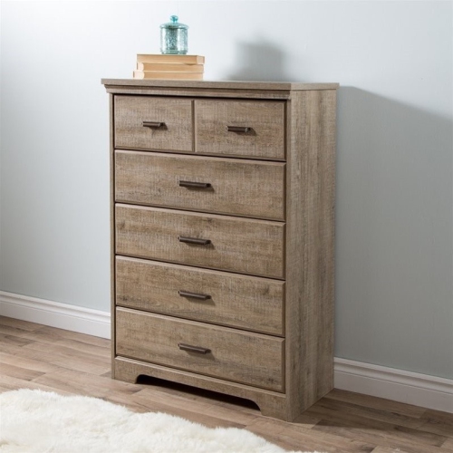 Pemberly Row Contemporary 5 Drawer Wood Chest in Weathered Oak
