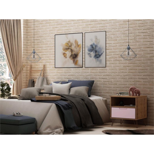 Rockefeller Wood Mid Century Modern Glam Nightstand in Nature & Rose Pink