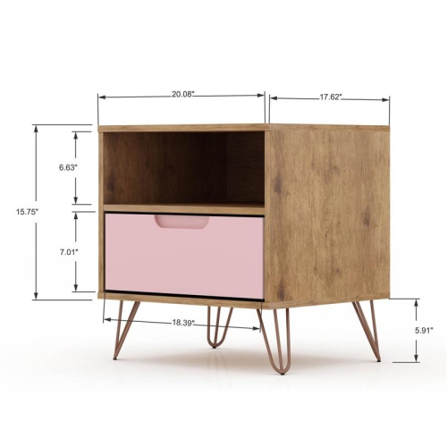 Rockefeller Wood Mid Century Modern Glam Nightstand in Nature & Rose Pink