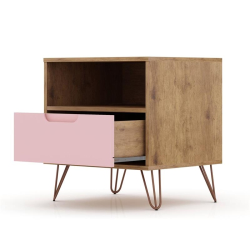 Rockefeller Wood Mid Century Modern Glam Nightstand in Nature & Rose Pink