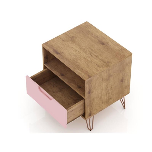 Rockefeller Wood Mid Century Modern Glam Nightstand in Nature & Rose Pink